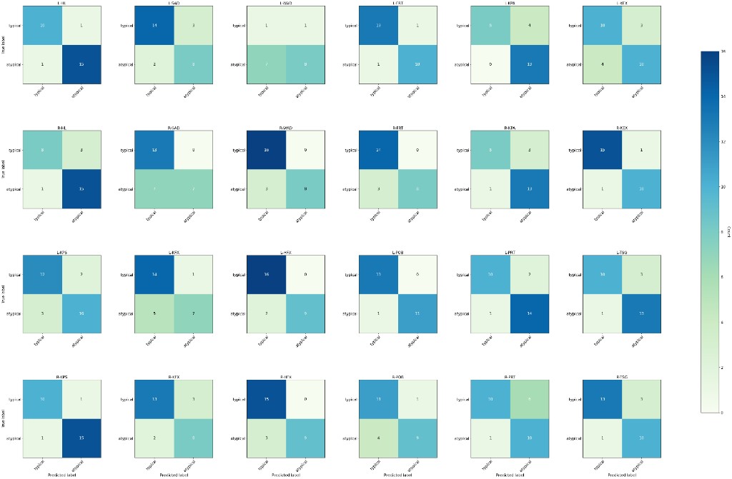 Confusion matrices of ChildGait-Video across EVGS scoring items, showing strong on-diagonal concentration